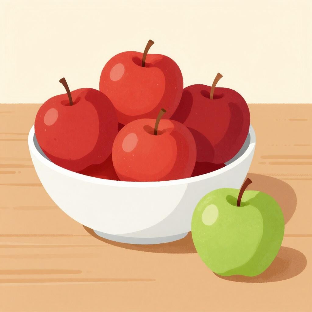 A group of red apples in a wooden bowl with one single green apple placed outside on the table.