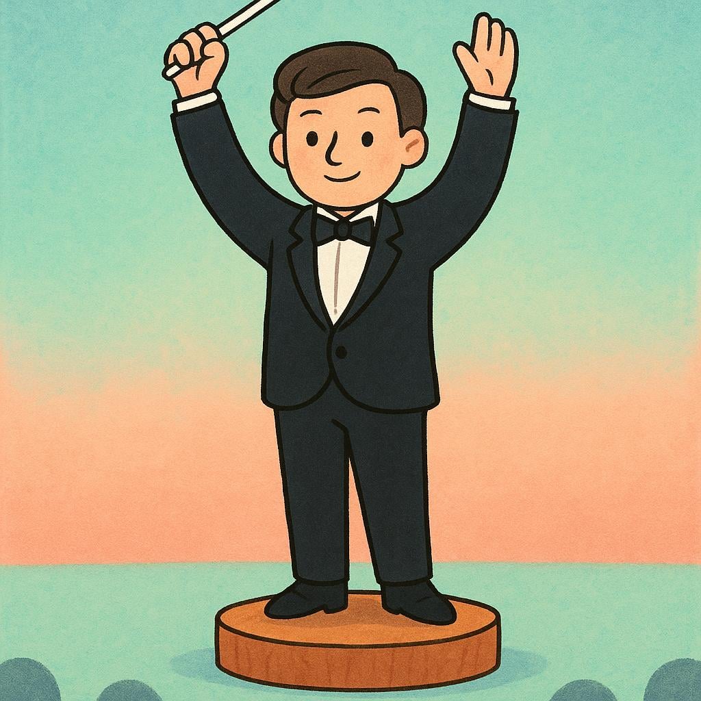 A well-dressed person standing on a small wooden platform, holding a white baton high in the air, actively directing an orchestra.