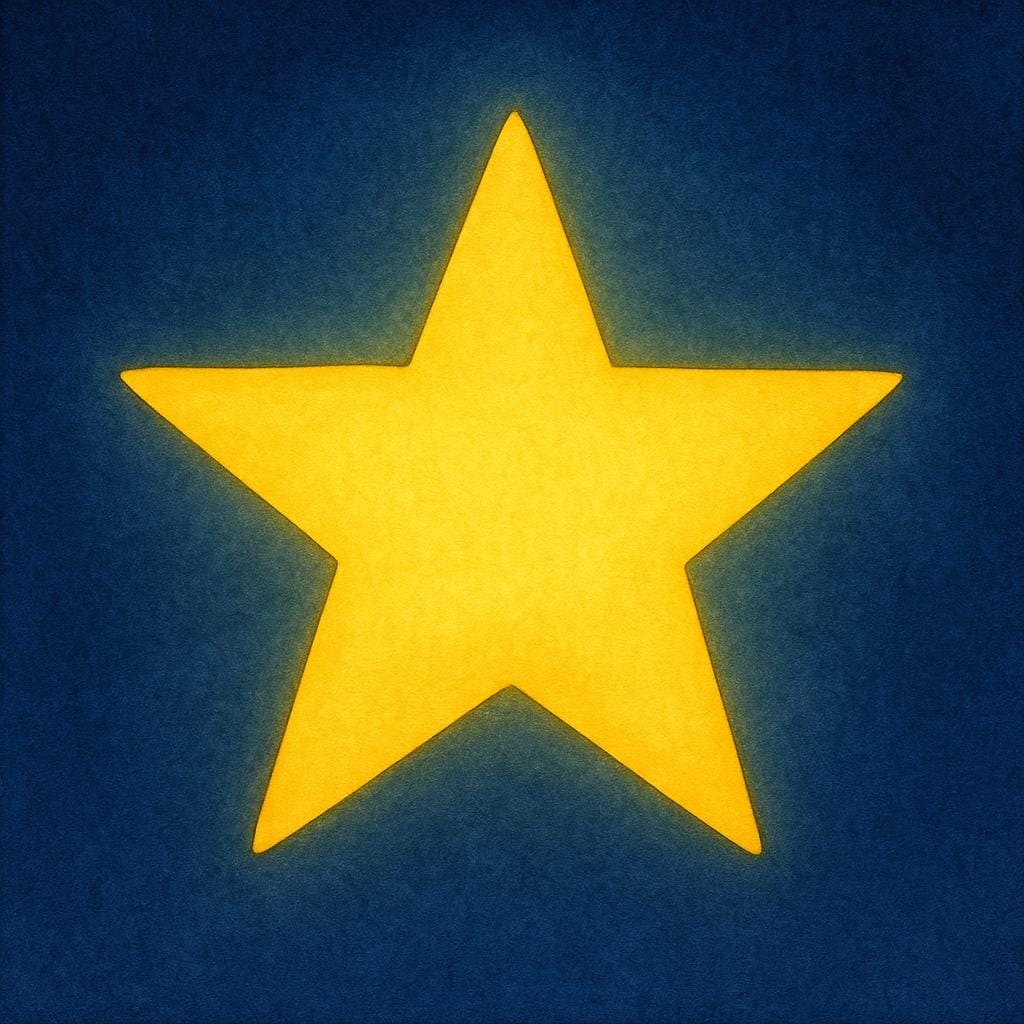 A single, bright yellow five-pointed star shining intensely against a dark blue night sky.