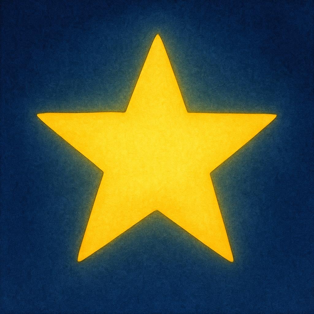 A single, bright yellow five-pointed star shining intensely against a dark blue night sky.