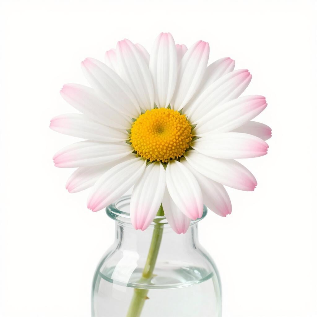 A white flower with its petal edges turning a soft pink color as if dipped in light paint.