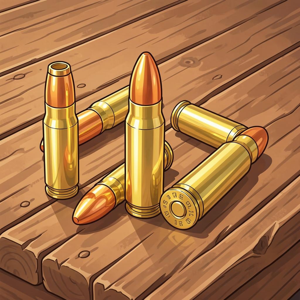 A collection of shiny brass bullets arranged neatly on a wooden surface.