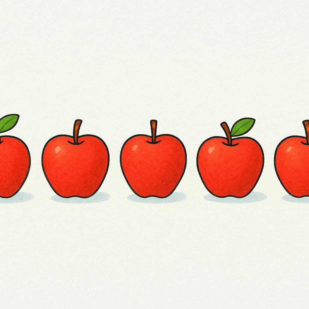 A collection of exactly five brightly colored, identical apples arranged in a neat row, illustrating a quantity.