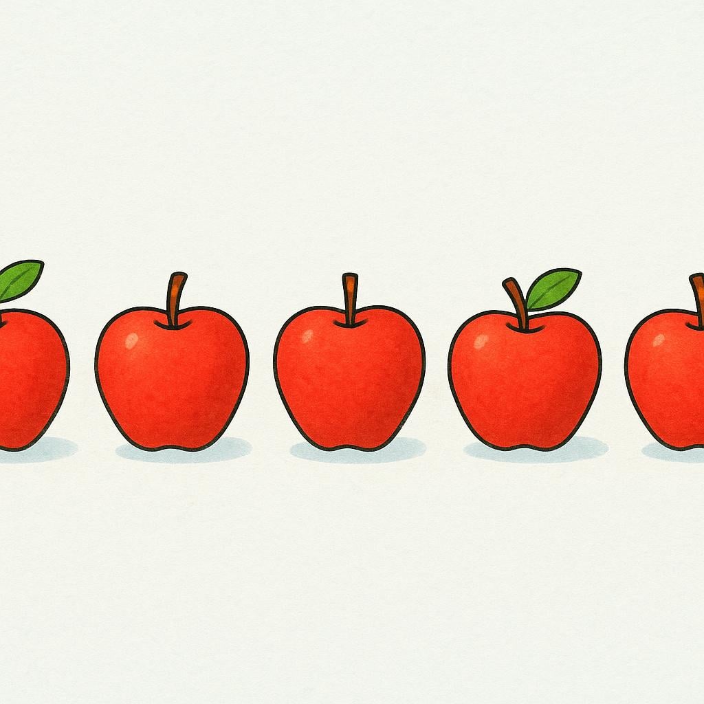 A collection of exactly five brightly colored, identical apples arranged in a neat row, illustrating a quantity.