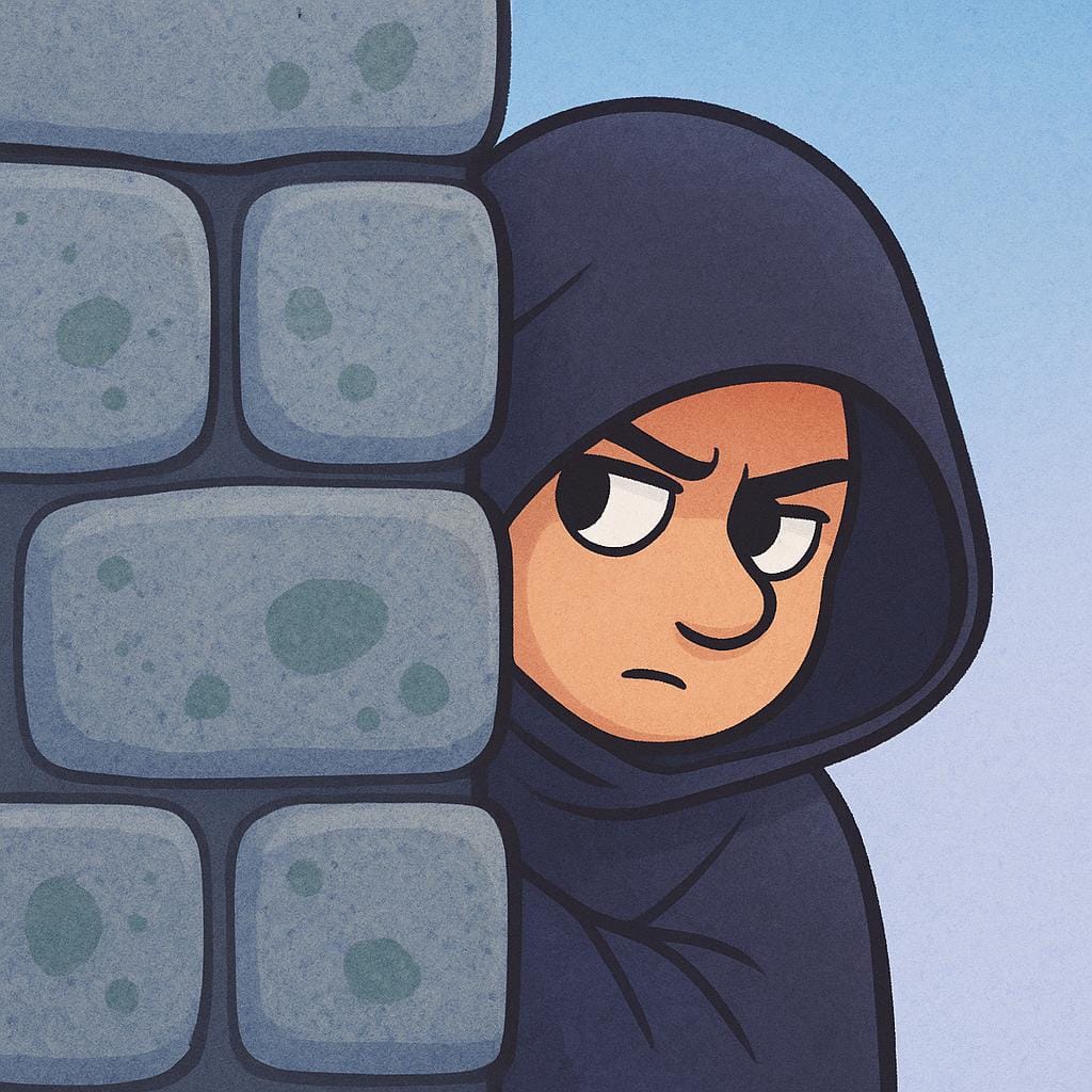 A suspicious-looking figure wearing a dark hood peeking slyly from behind a wall.