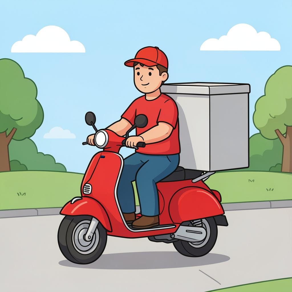 A person on a scooter with a delivery box on the back.
