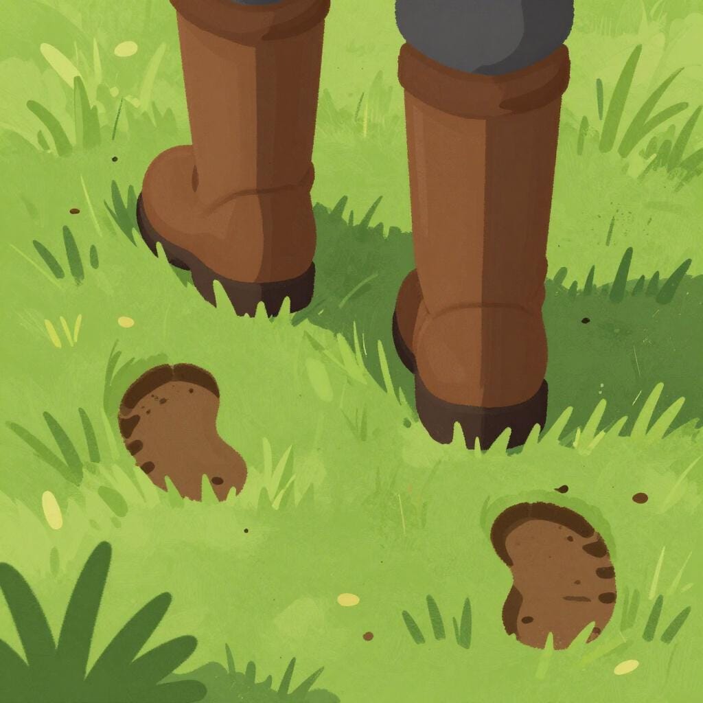A pair of heavy boots stepping on green grass, leaving deep footprints.