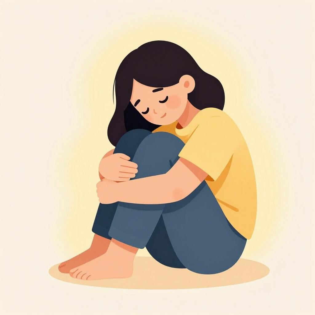 Uma ilustração simples de livro de histórias de uma pessoa sentada calmamente, abraçando os joelhos, com luz amarela suave e quente irradiando de seu corpo, simbolizando um sentimento de paz.