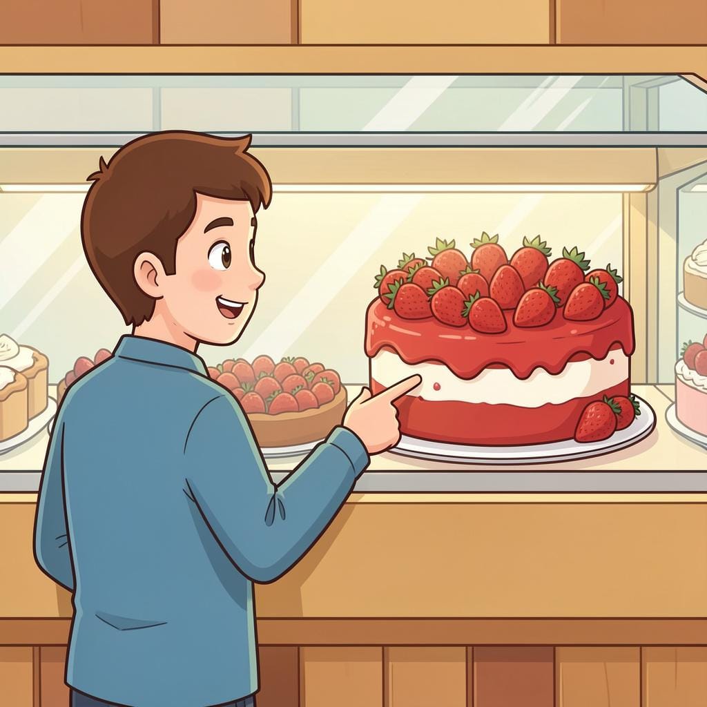 パン屋の窓にある特定の一つのケーキを指差している人。