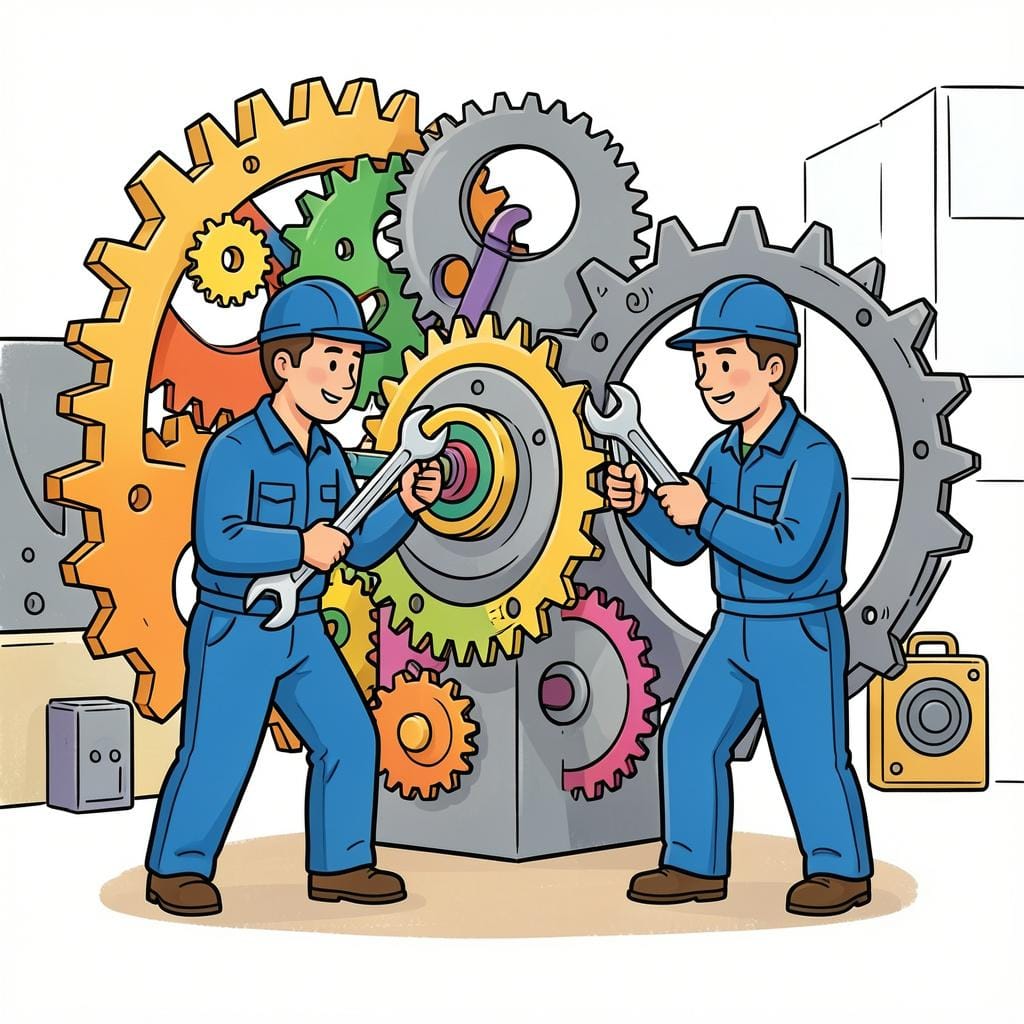 Two skilled people in blue overalls using tools to fix a complex machine with gears.