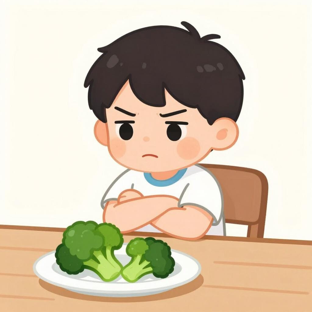 A child with a grumpy face crossing their arms over an empty plate of vegetables.