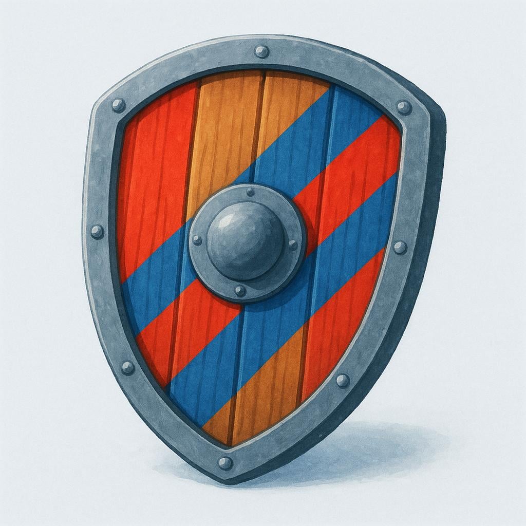 A large, sturdy wooden shield painted with a simple red and blue stripe pattern, used as a protective barrier.