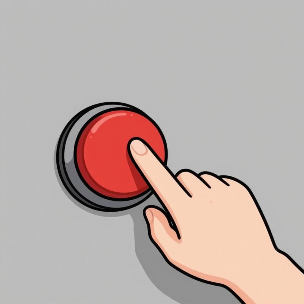 Uma ilustração simples de um dedo indicador pressionando um botão grande, redondo e vermelho.