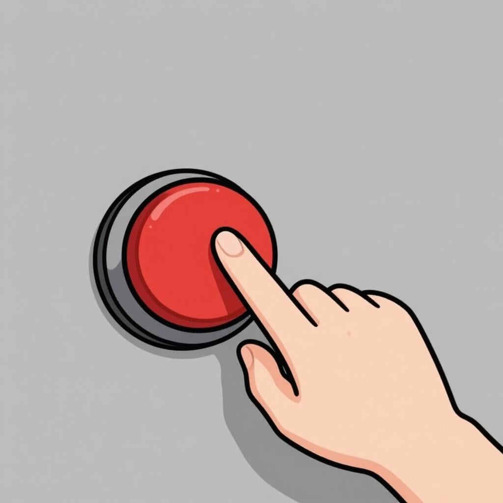 A close-up storybook illustration of an index finger pressing a large, round, red button.