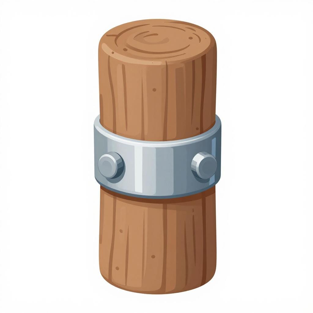 A wooden beam being supported by a thick metal plate and several strong bolts.