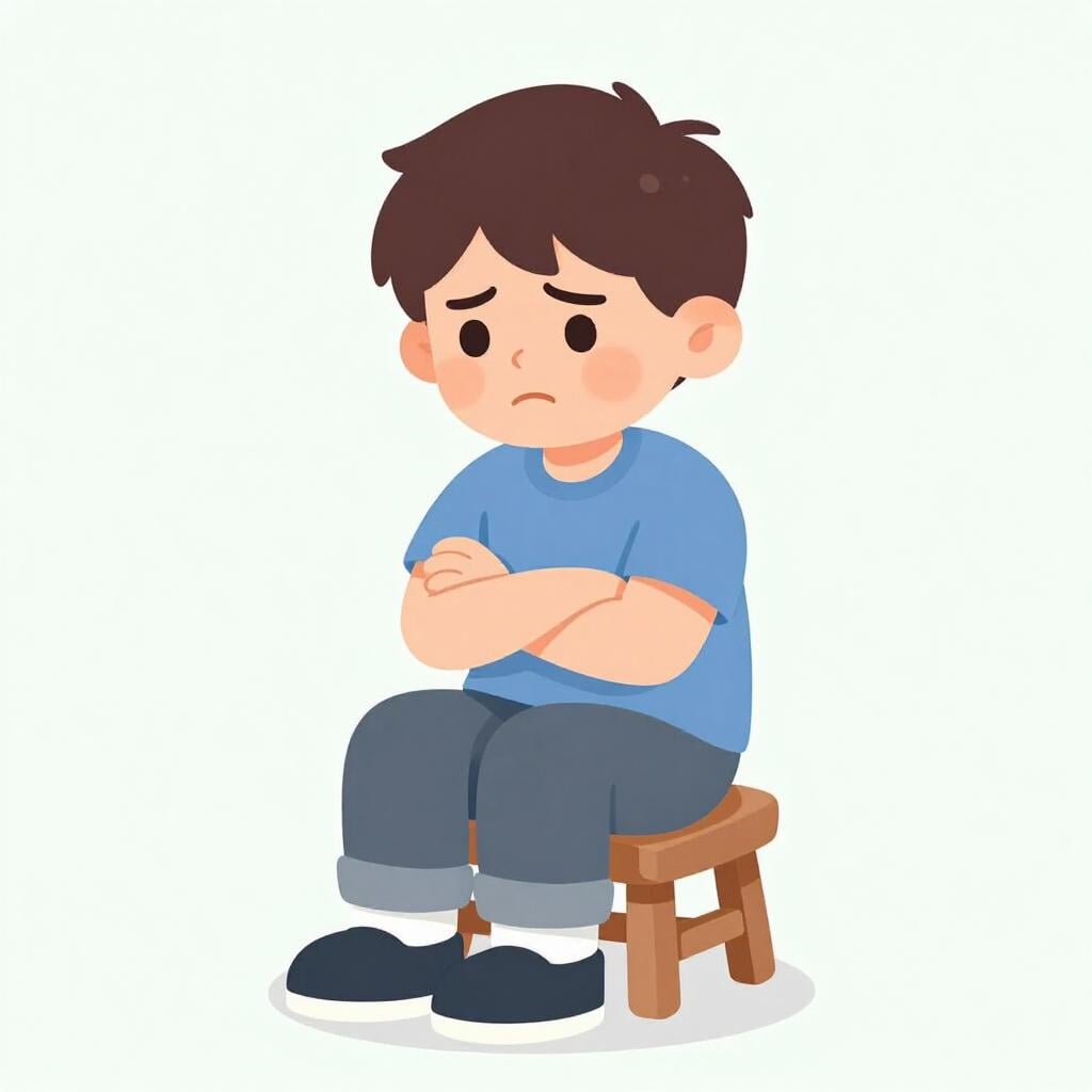 A child sitting on a small wooden stool with their arms crossed and a frowning expression, looking unhappy and annoyed.