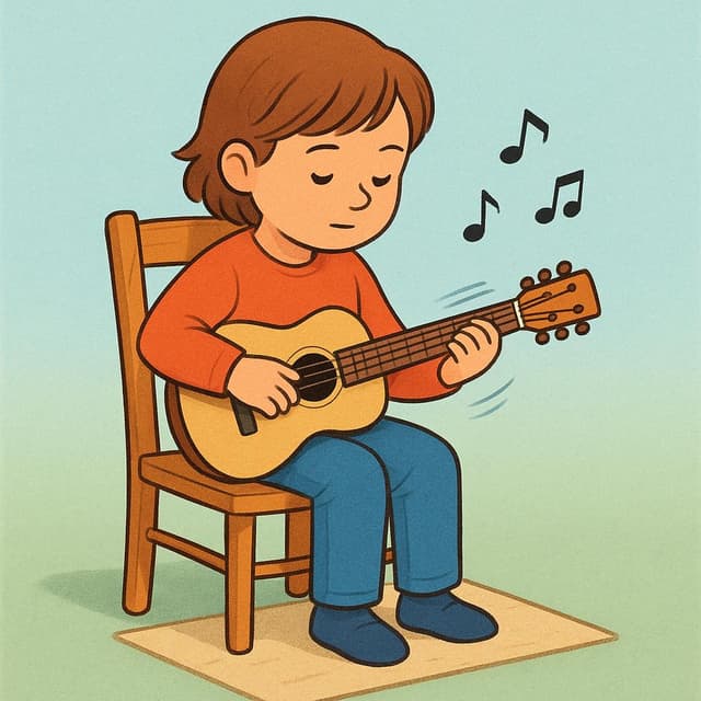 Uma criança sentada numa cadeira, concentrada intensamente enquanto dedilha repetidamente uma pequena guitarra acústica.