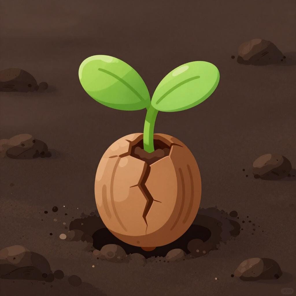 Une petite pousse verte poussant sur un gland craquelé sur un sol sombre.