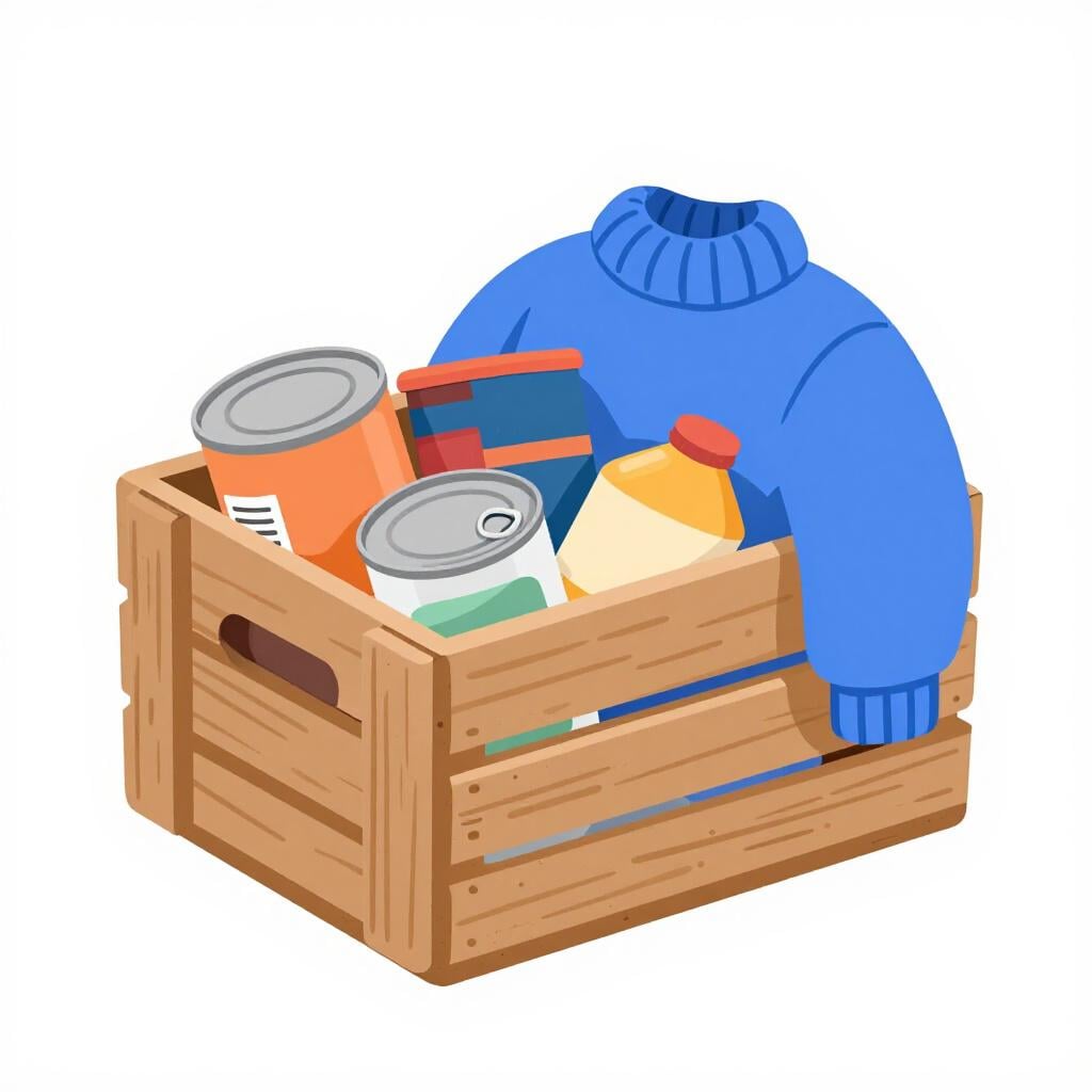 A wooden box filled with a variety of canned foods and a warm sweater, representing a charitable gift.