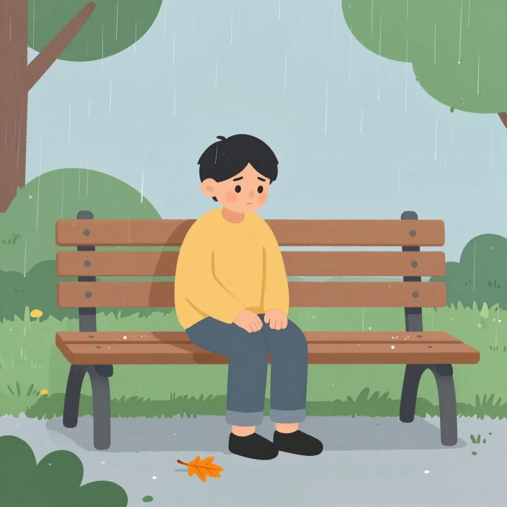 Eine einsame Person sitzt auf einer Holzbank unter einem regnerischen Himmel und blickt nachdenklich auf ein einzelnes fallendes Blatt.