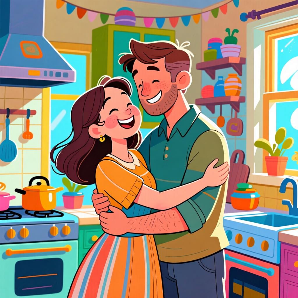 A happy couple sharing a warm, informal embrace inside a cozy, bright home setting.