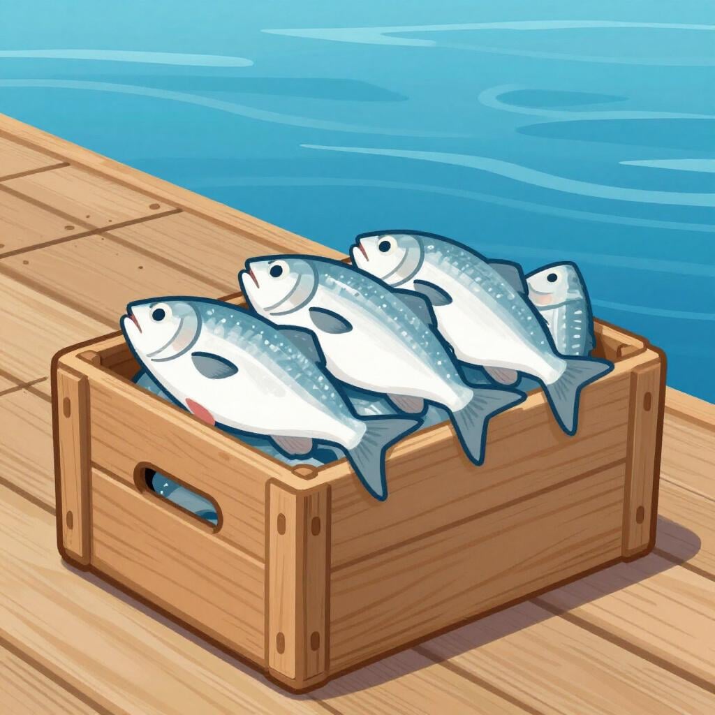 A wooden crate filled with fresh silver fish on a dock near a blue sea.