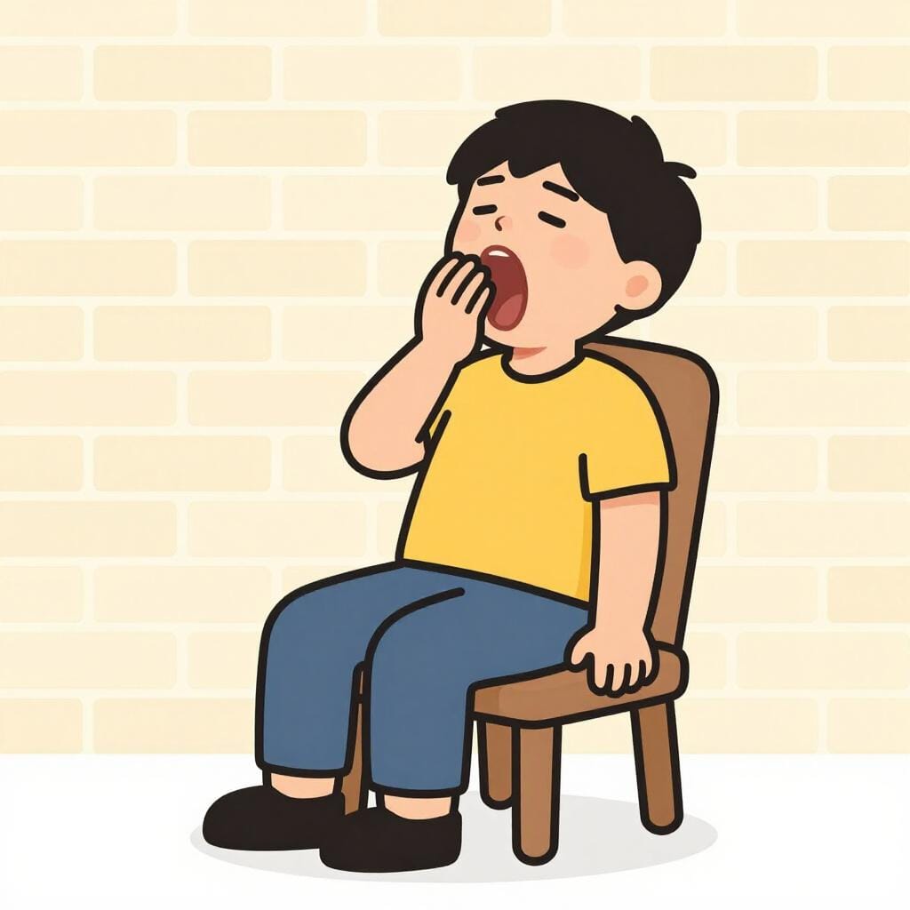 長く単調なレンガの壁の前に座ってあくびをしている人。