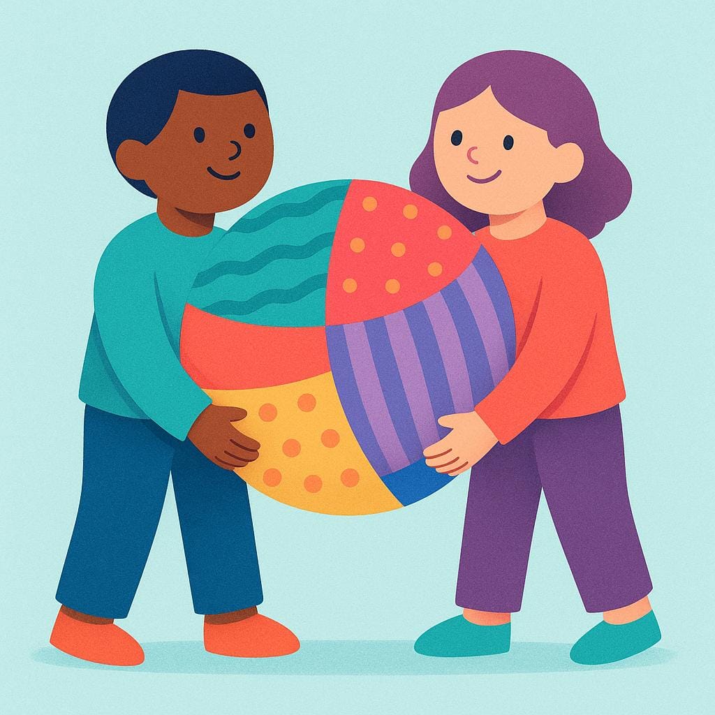 Two stylized, simple figures cooperating to lift a large, brightly colored cube together, symbolizing assistance.