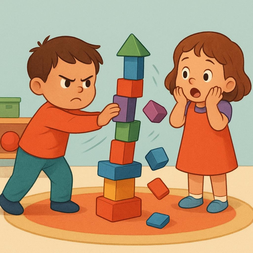 A grumpy child deliberately knocking over a friend's tall tower of wooden blocks.