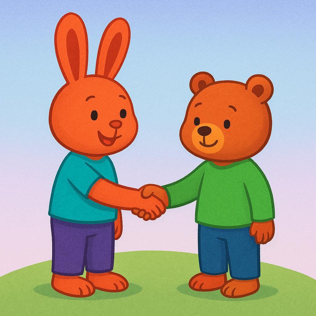 2人の登場人物が握手している様子を描いた、カラフルでシンプルな絵本風のイラスト。初対面や紹介を象徴しています。