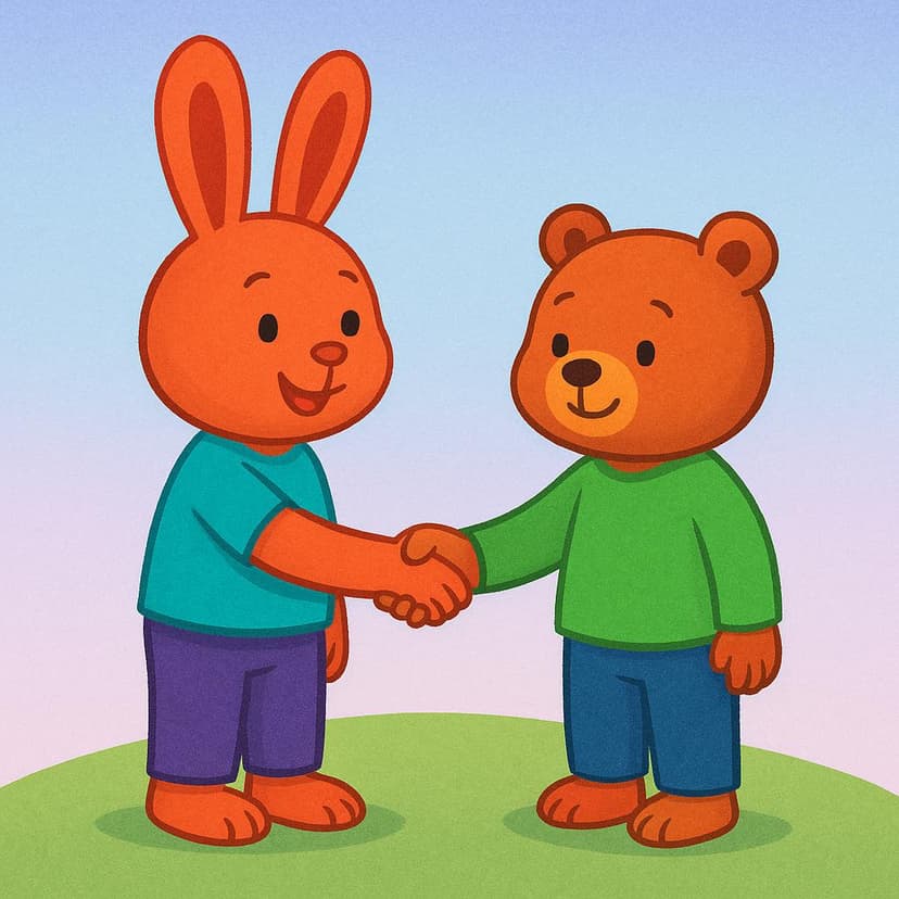 A high quality simple colorful storybook illustration showing two cartoon-like people standing and shaking hands, symbolizing a first meeting or introduction.