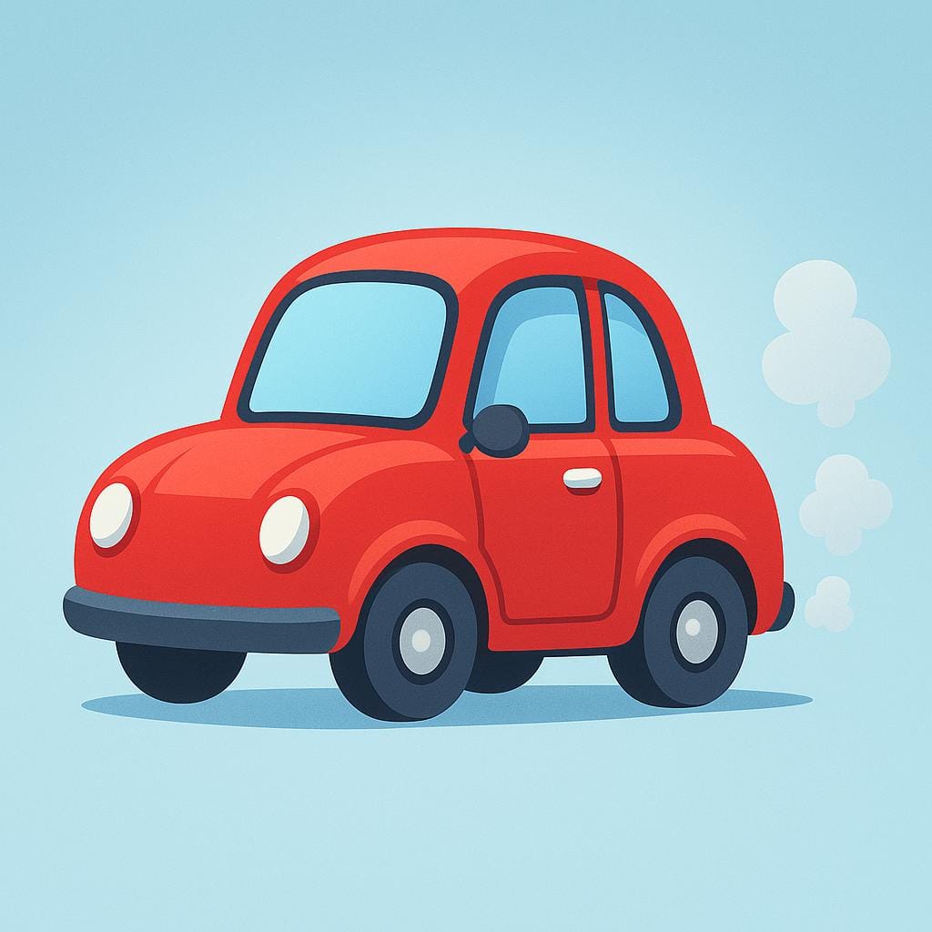 A simple red car sitting stationary, with a small puff of white smoke coming out of its tailpipe, signifying the engine has just started.