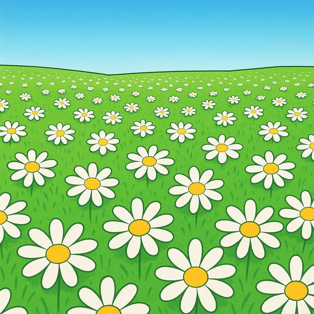 A field of green grass densely populated by many identical white daisies, representing something typical.
