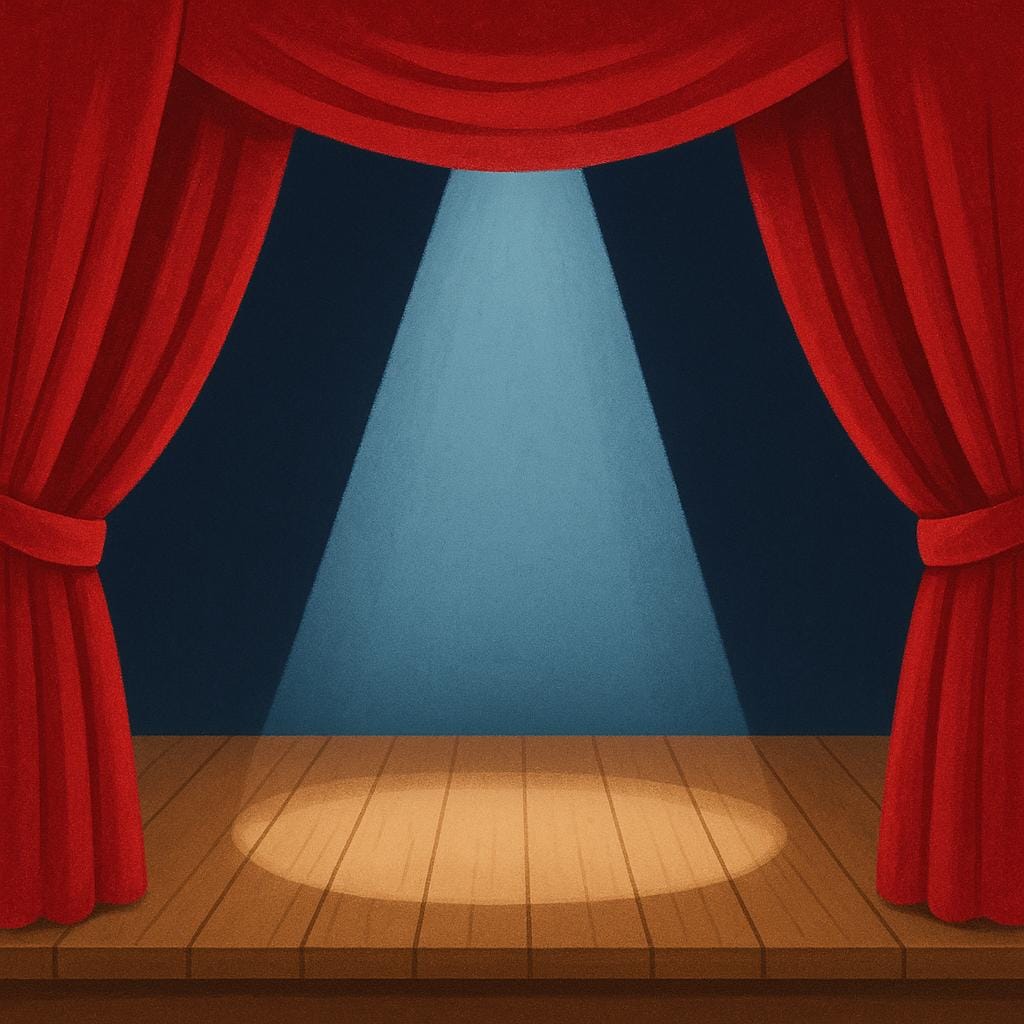 A simple wooden performance stage framed by red velvet curtains, highlighted by a single spotlight shining down on the center.