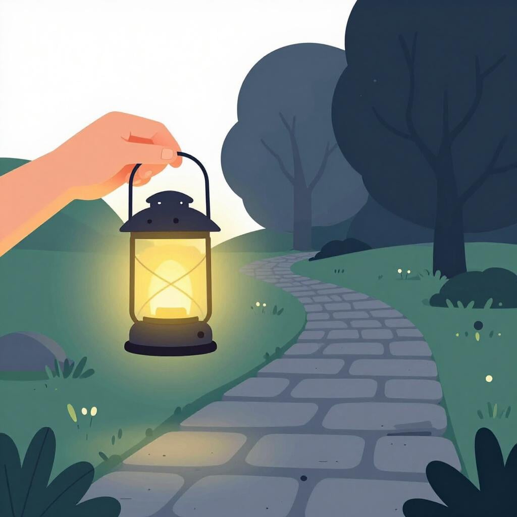 A hand holding a bright lantern that is casting light onto a dark path.
