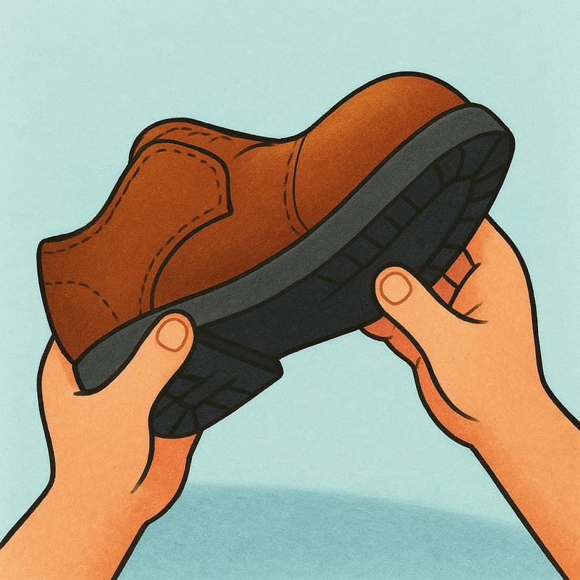 A pair of hands holding a brown leather shoe upside down, carefully pressing a new, thick rubber sole onto the bottom.