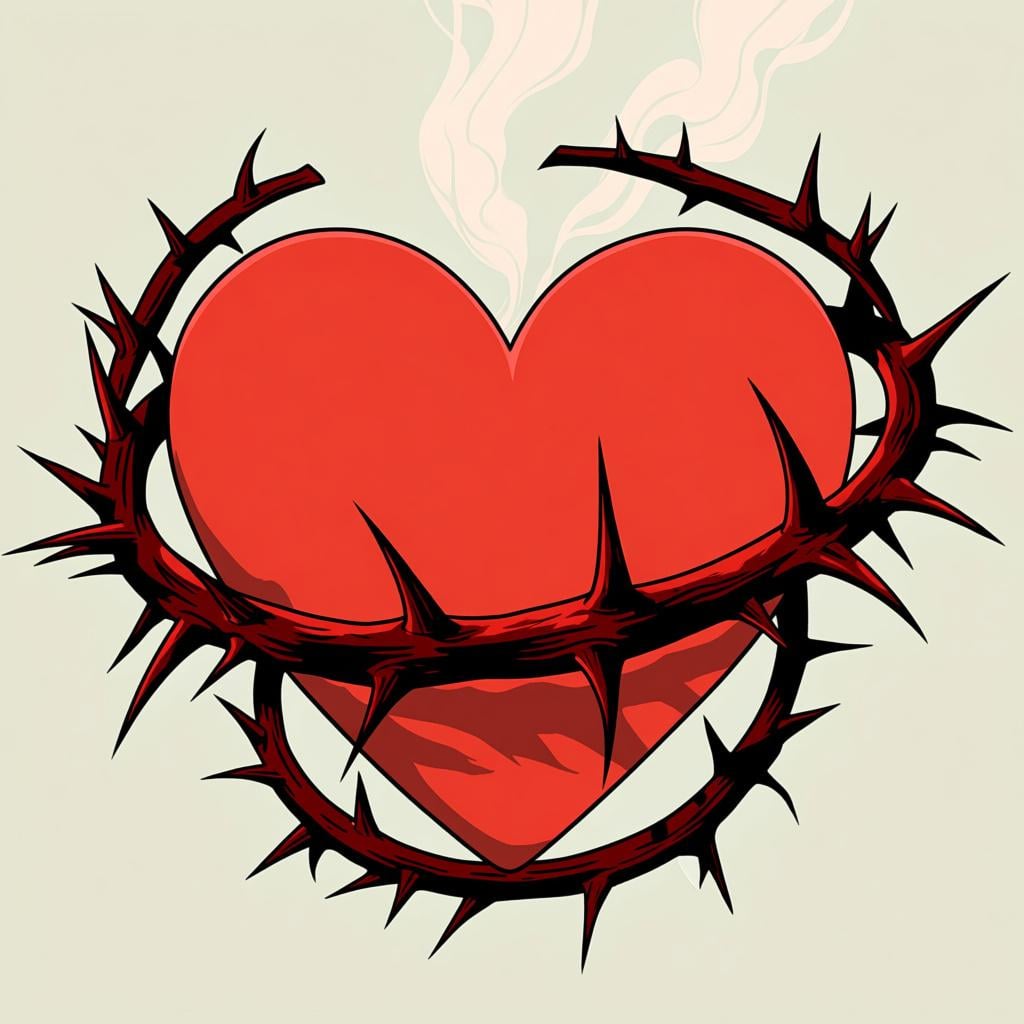 A stylized, simple red heart figure surrounded by aggressive, dark red and black jagged thorns and smoke, symbolizing intense hatred.