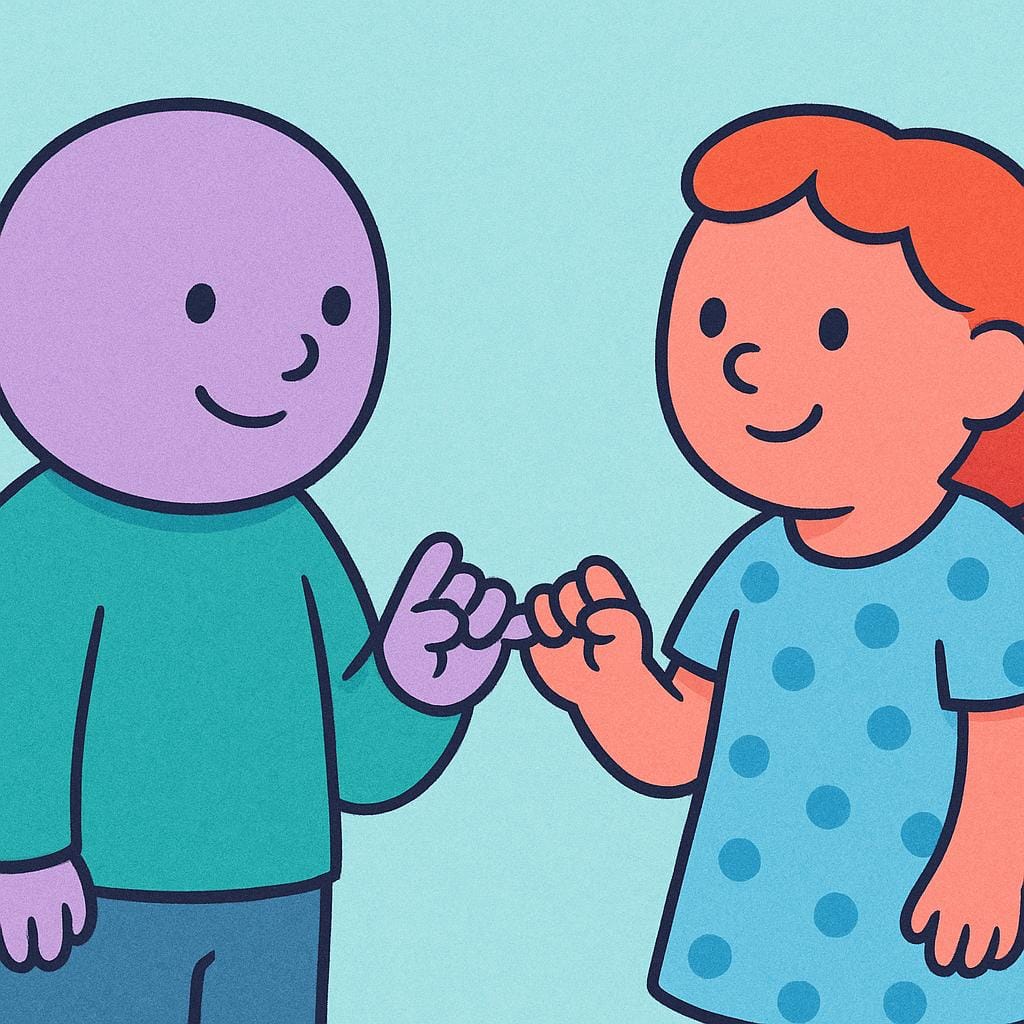 A simple colorful storybook illustration showing two characters facing each other. One character is extending their hand with a raised pinky finger toward the other, clearly initiating the request for a pinky swear promise.