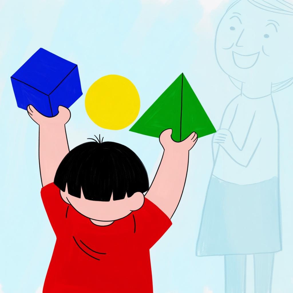 A small, curious child holds up three distinct, brightly colored geometric objects (a blue cube, a yellow sphere, and a green pyramid) toward a thoughtful adult, representing multiple questions.