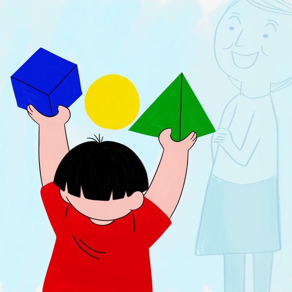A small, curious child holds up three distinct, brightly colored geometric objects (a blue cube, a yellow sphere, and a green pyramid) toward a thoughtful adult, representing multiple questions.