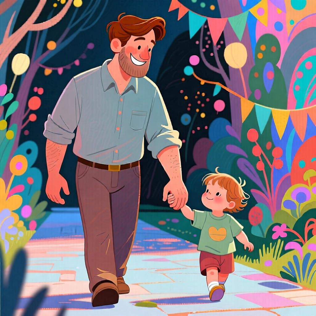 A smiling father holding his young child's hand while walking in a park.
