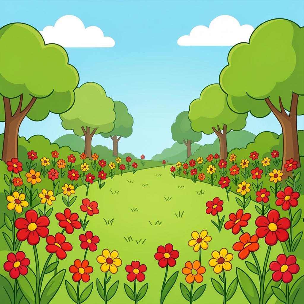 A sunny park with many colorful flowers blooming in the grass.