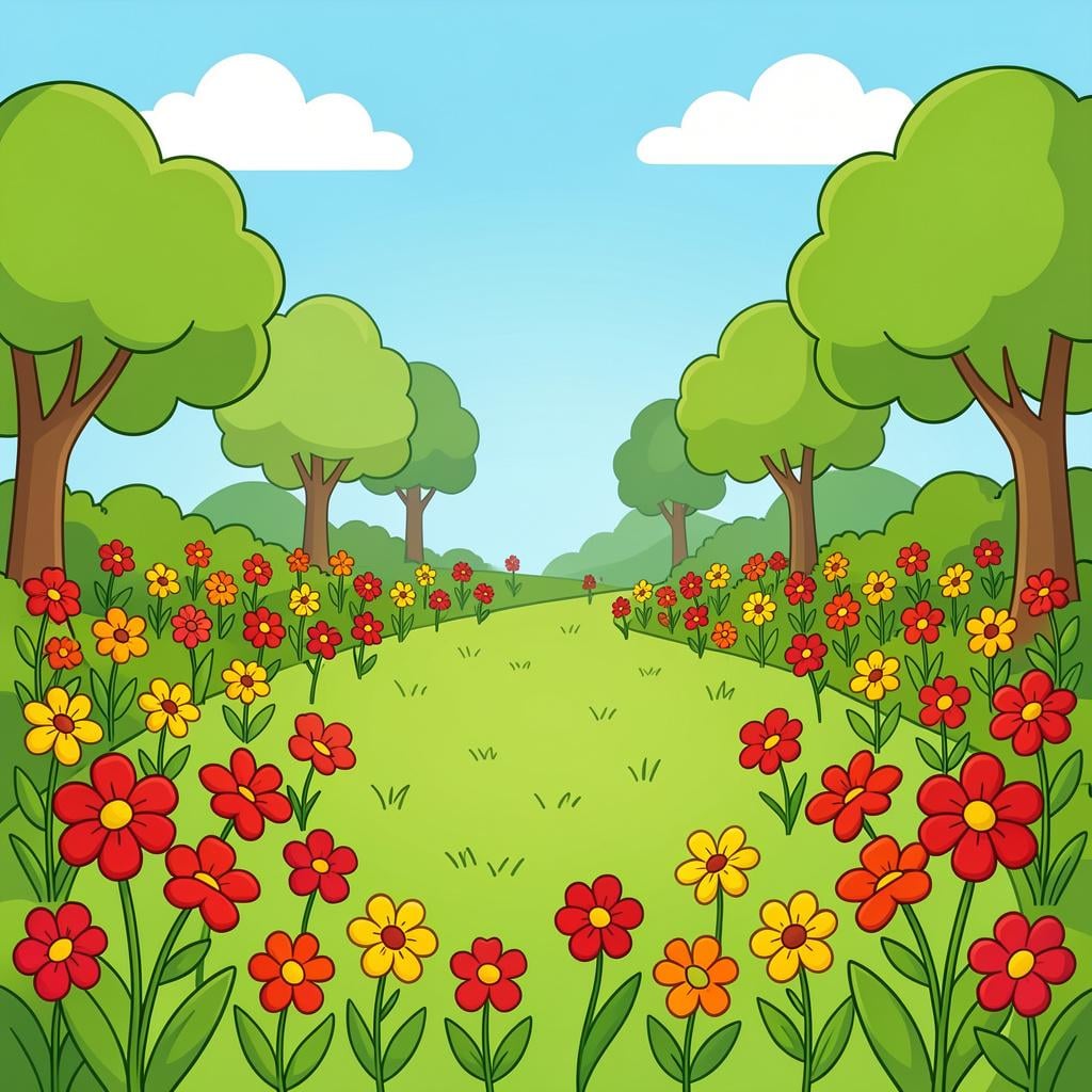 A sunny park with many colorful flowers blooming in the grass.