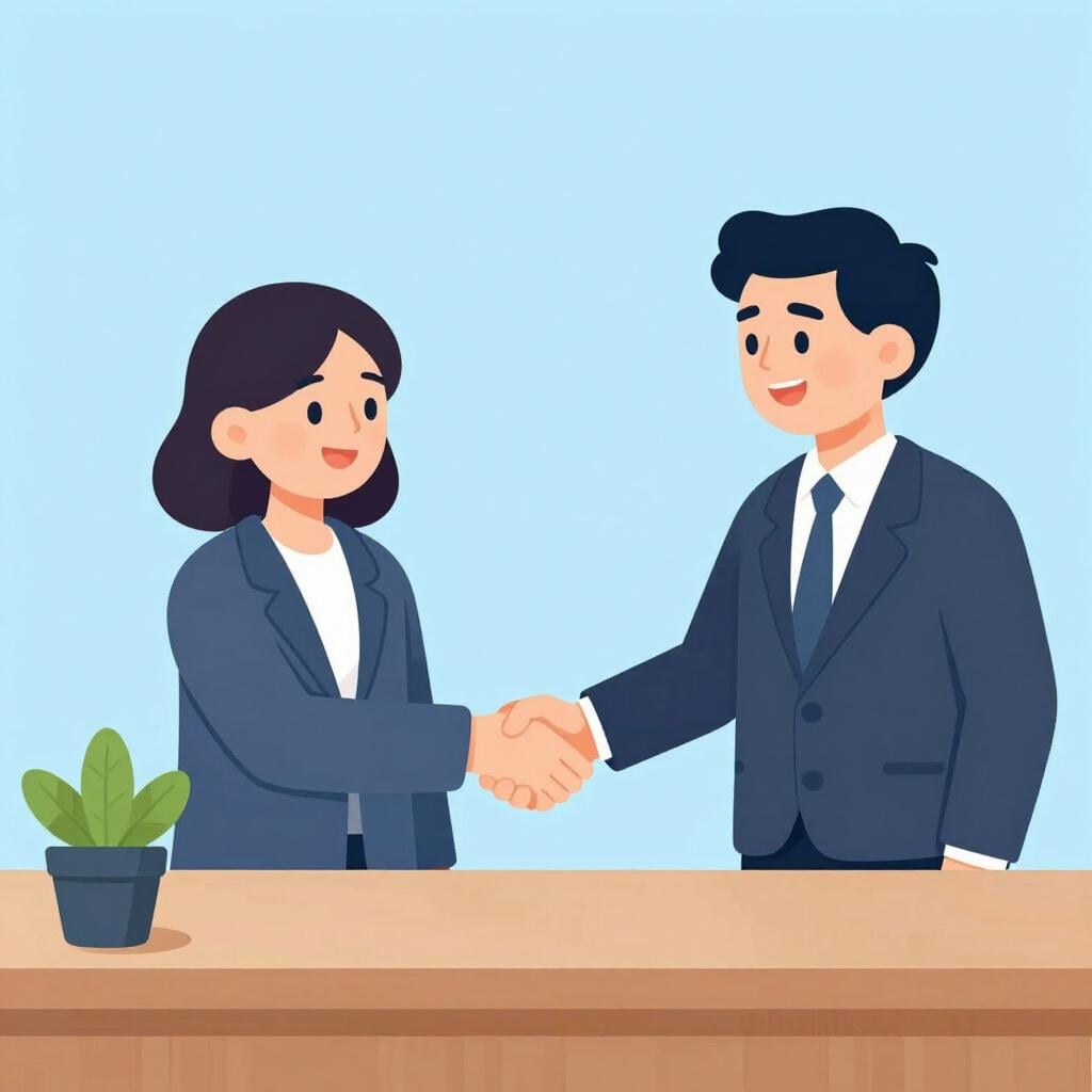 Two people shaking hands over a desk in a bright office setting, symbolizing a new job agreement.