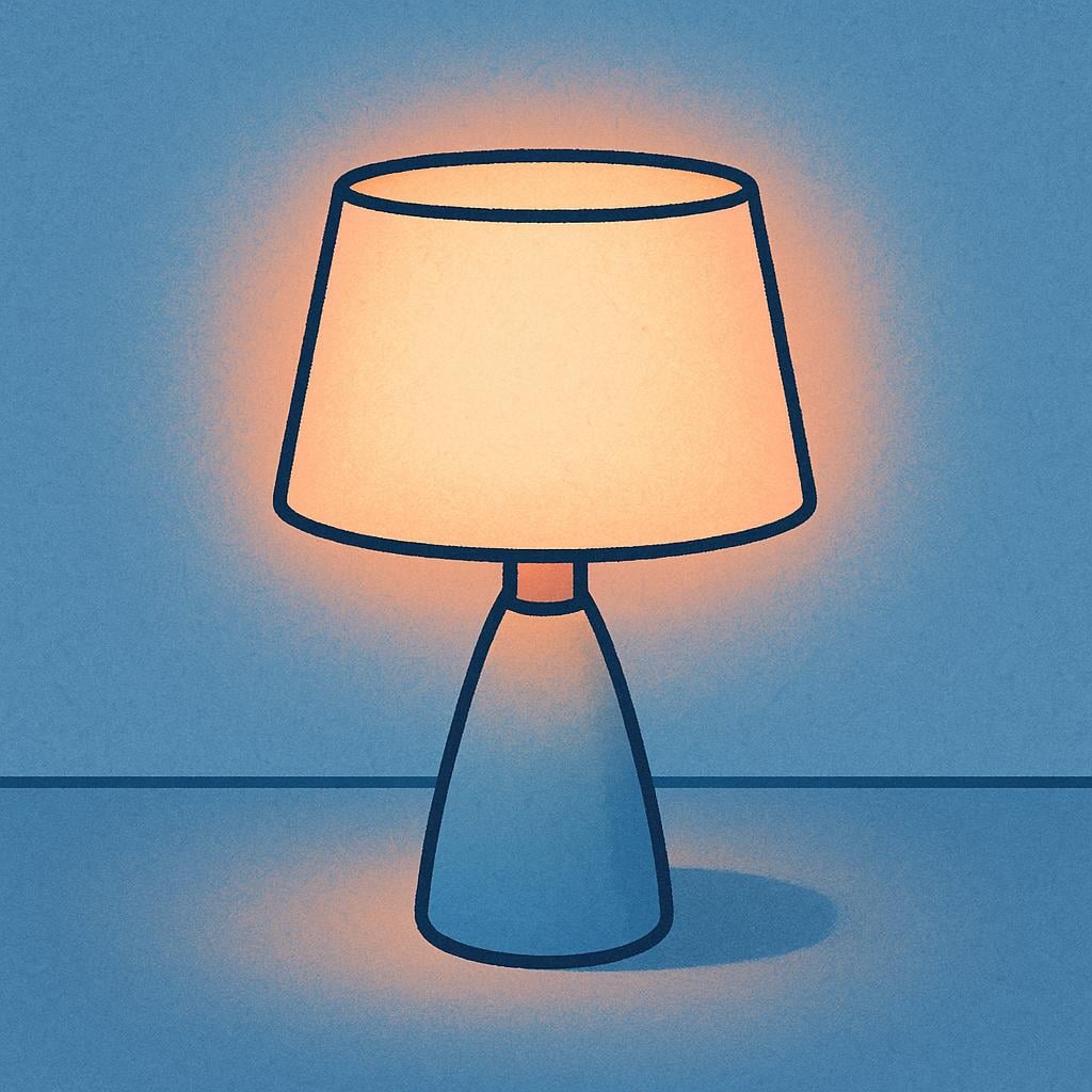 A brightly glowing table lamp with a wide shade resting on a surface, illuminating the immediate area.