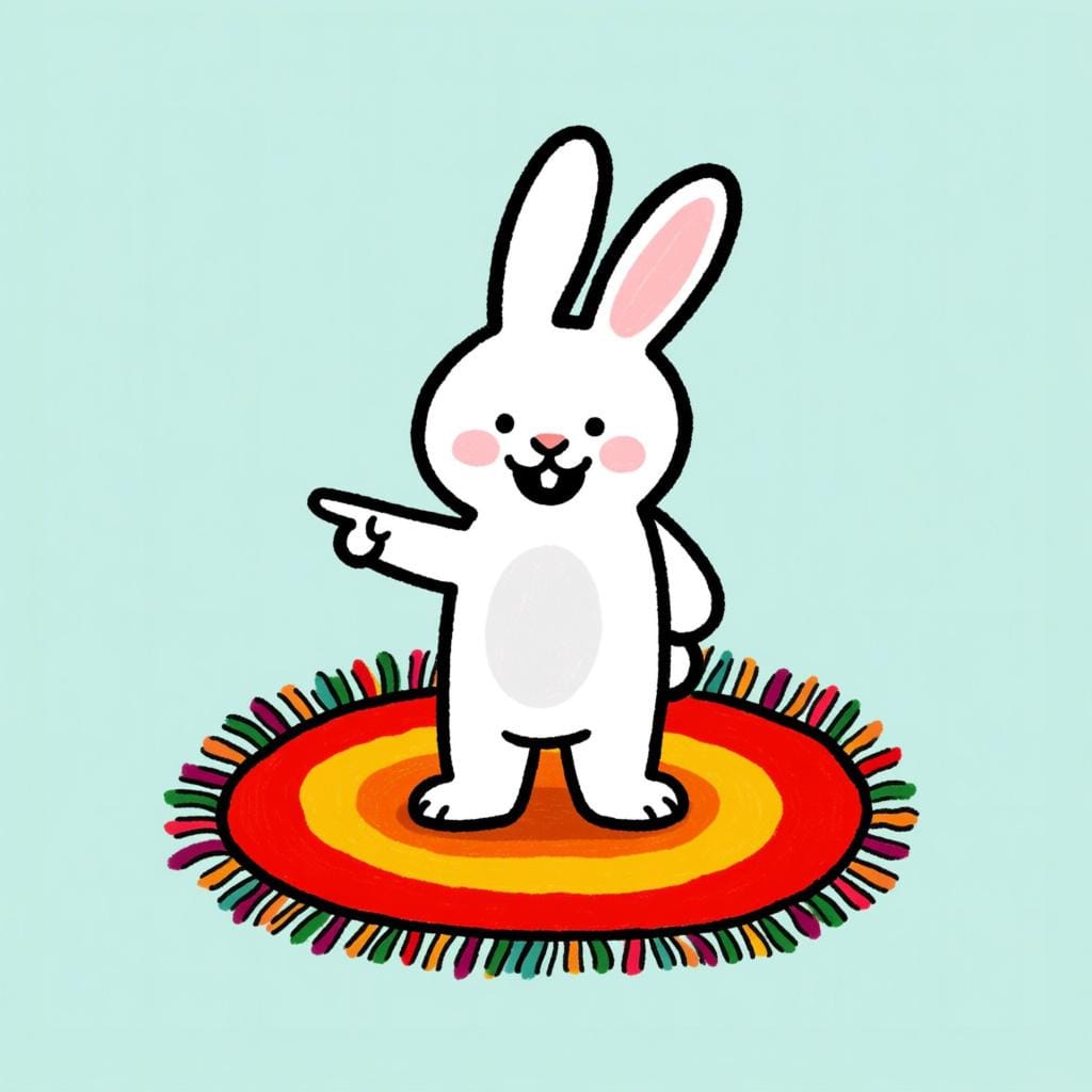 A friendly cartoon rabbit standing on a small, brightly colored rug, pointing its paw directly at the rug beneath its own feet, emphasizing its current location.