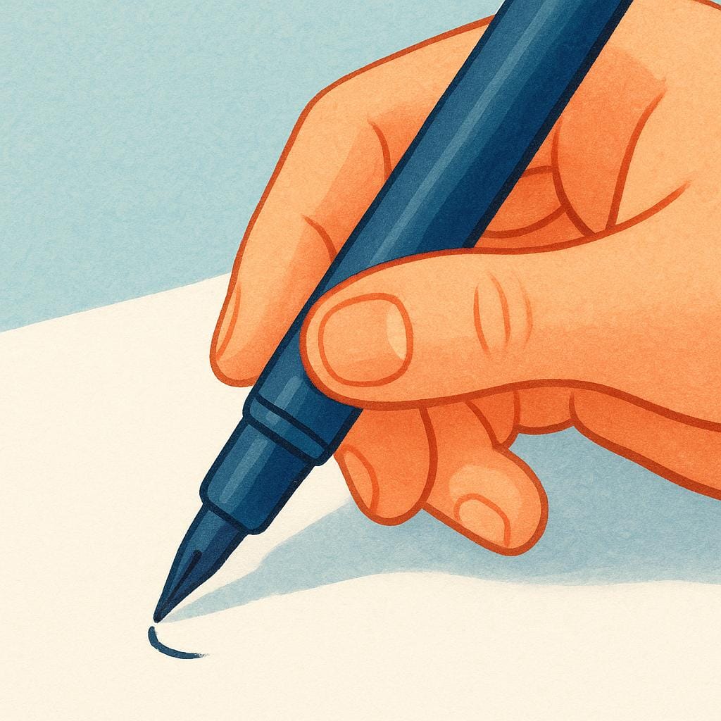 A person's hand holding a bright red pen, actively writing on a blank sheet of paper resting on a wooden desk.