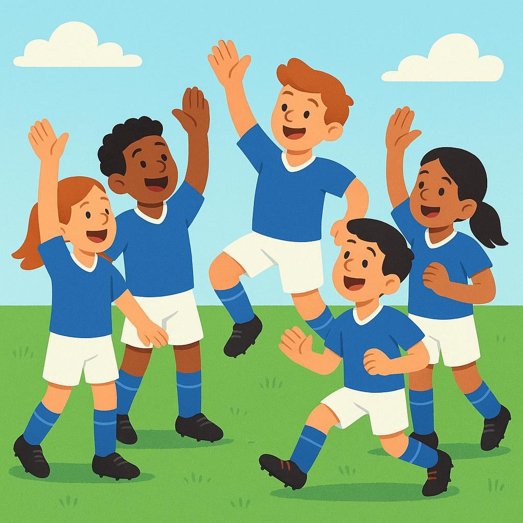 Five joyful soccer players in matching blue jerseys celebrating a victory on a bright green field by high-fiving each other.