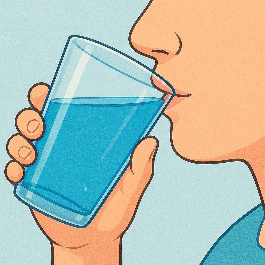 O rosto inferior de uma pessoa perto de um copo transparente contendo líquido azul, bebendo-o ativamente.