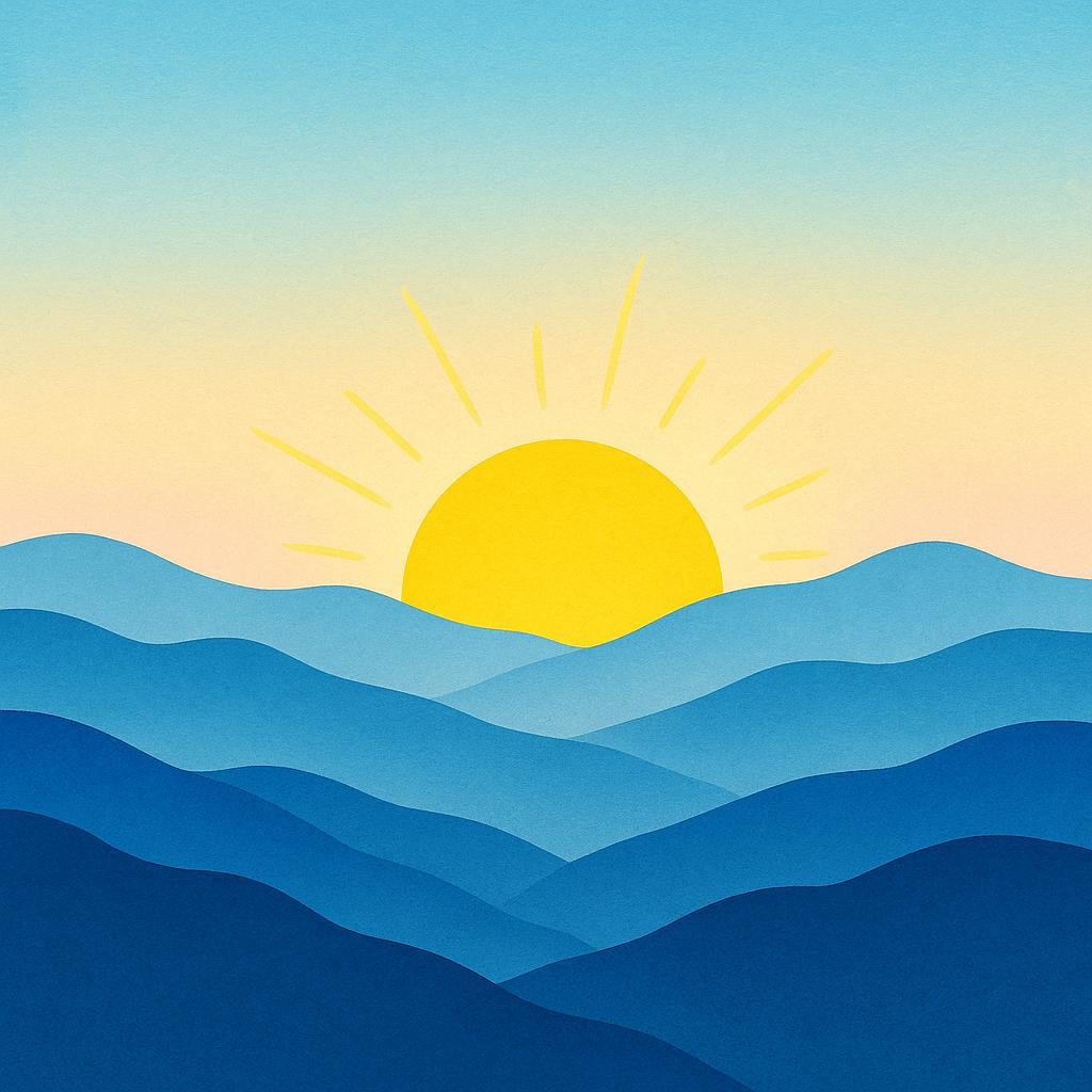 A bright sun just beginning to rise above a mountain range at dawn, representing emerging or appearing gradually.